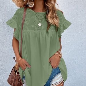 Boho White Eyelet Ruffle Sleeve Oversized Top